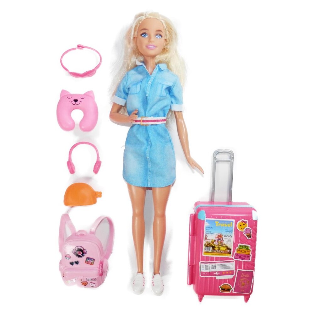 2018 Barbie Travel Themed Doll With Pink Suitcase Backpack Neck Pillow FWV25